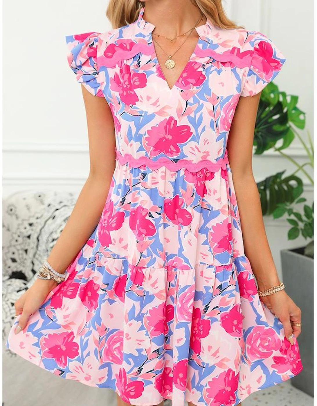 Pink Floral Printed V Notched Ric Rac Flutter Sleeve Dress