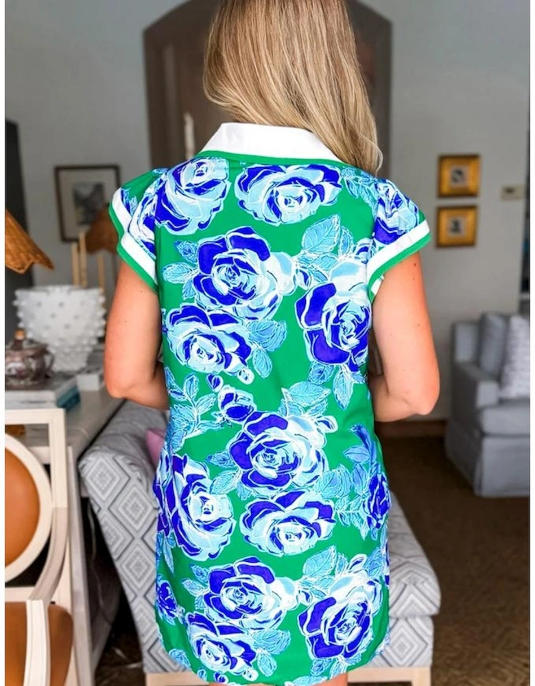 Bright Green Contrast Floral Print Collared V Neckline Ruffled Cap Sleeve Shift Dress with Pockets