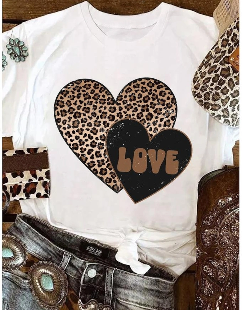 White Leopard LOVE Double Heart Printed Valentines Graphic Tee