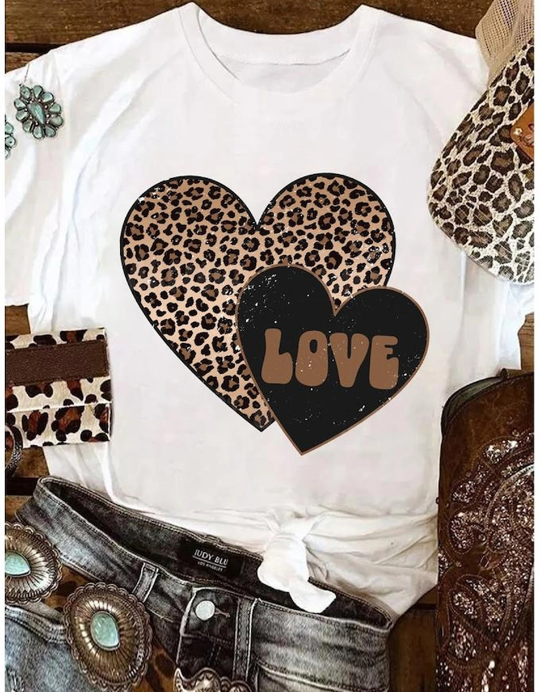 White Leopard LOVE Double Heart Printed Valentines Graphic Tee