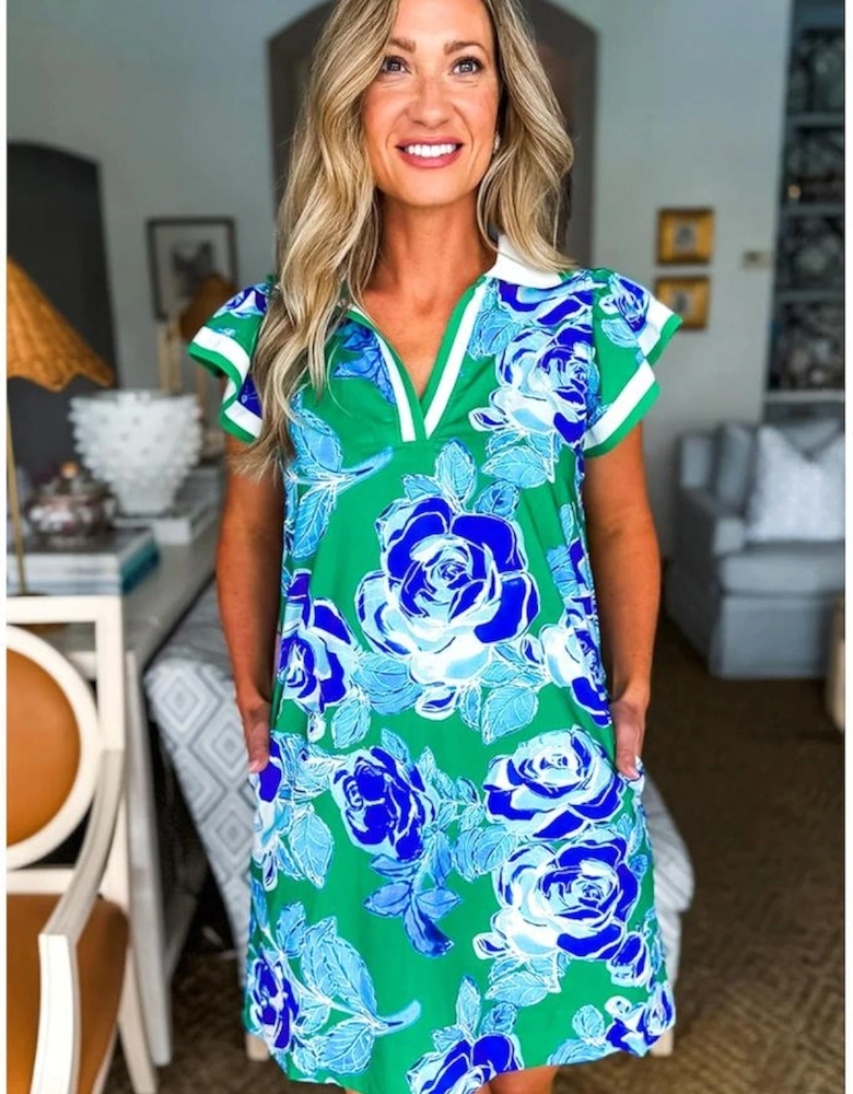 Bright Green Contrast Floral Print Collared V Neckline Ruffled Cap Sleeve Shift Dress with Pockets