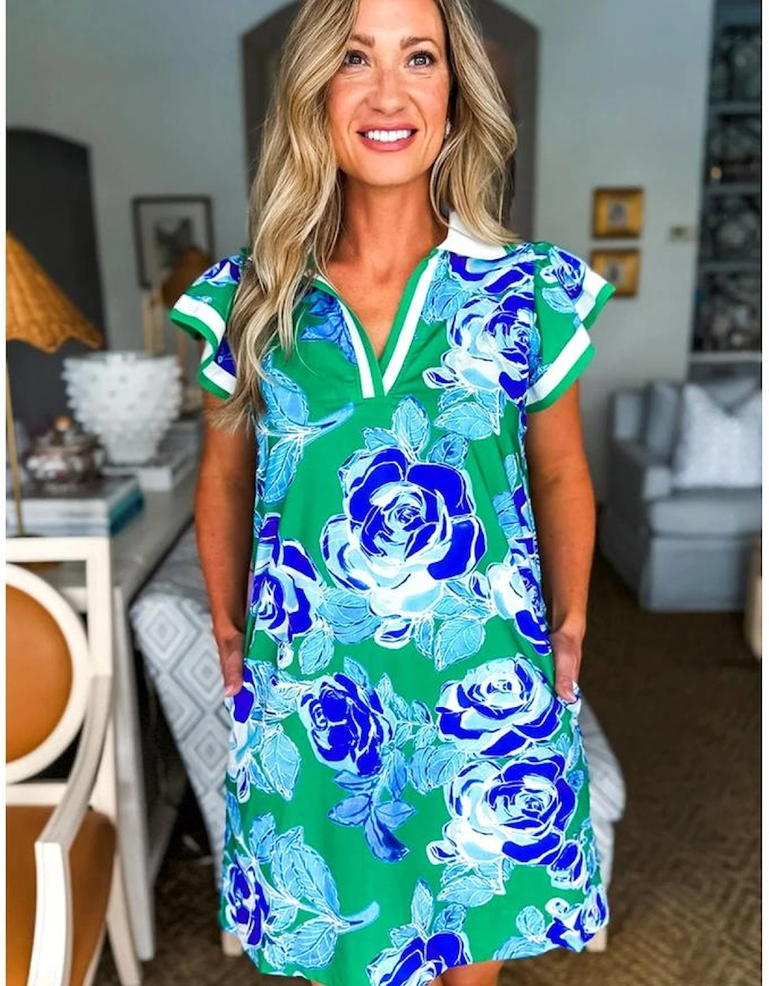 Bright Green Contrast Floral Print Collared V Neckline Ruffled Cap Sleeve Shift Dress with Pockets