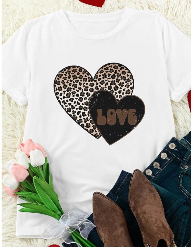 White Leopard LOVE Double Heart Printed Valentines Graphic Tee