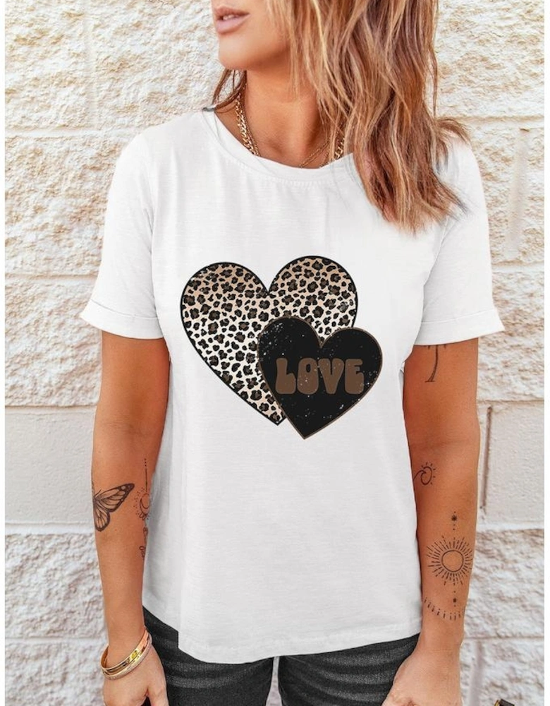 White Leopard LOVE Double Heart Printed Valentines Graphic Tee
