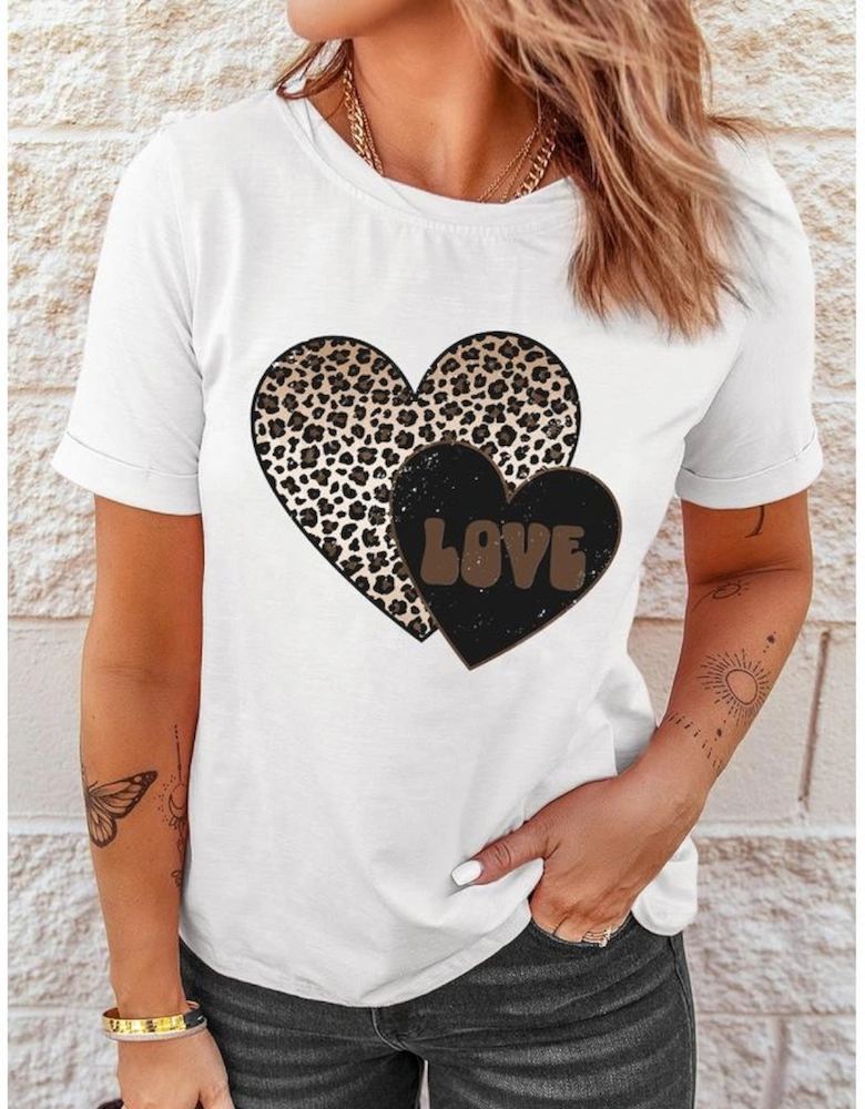 White Leopard LOVE Double Heart Printed Valentines Graphic Tee