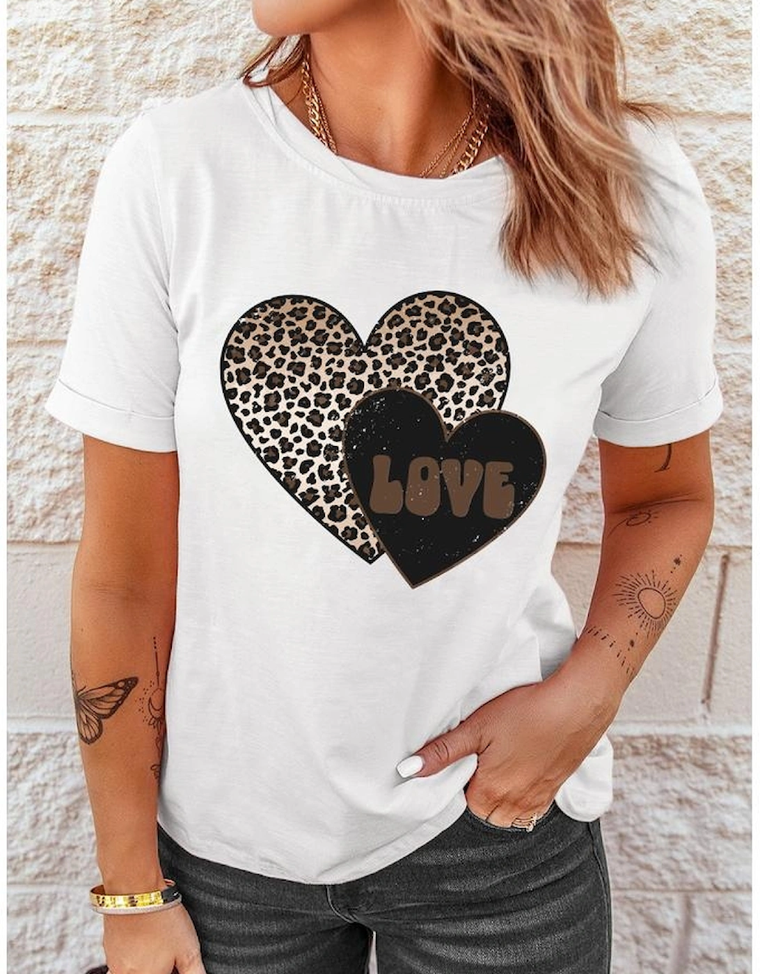White Leopard LOVE Double Heart Printed Valentines Graphic Tee