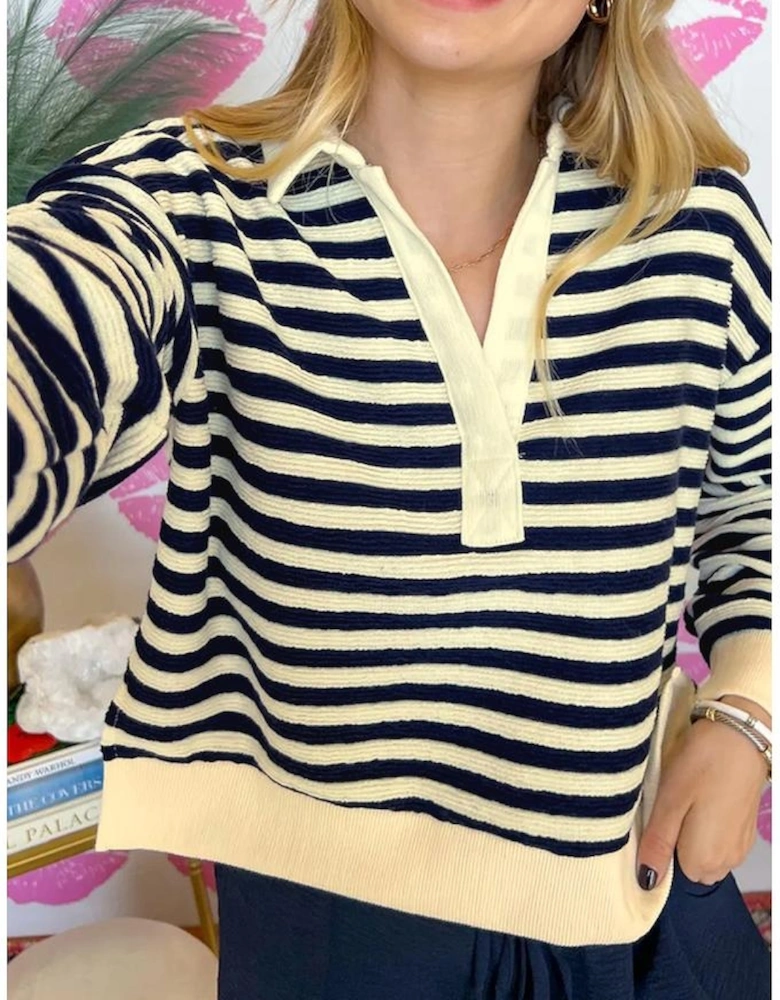 Blue Stripe Collared V Neck Long Sleeve Casual Top