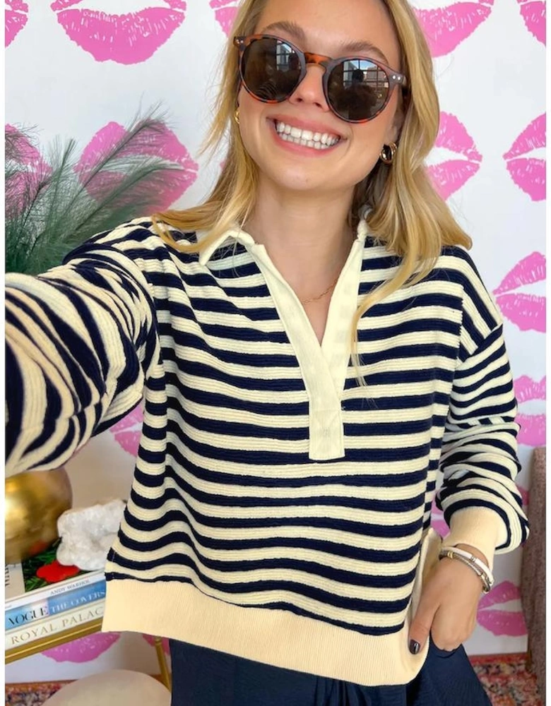 Blue Stripe Collared V Neck Long Sleeve Casual Top