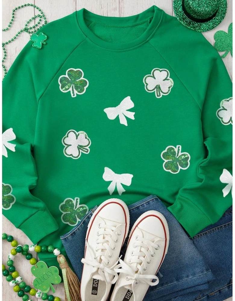 Green Sequin Bow Clover Graphic Pullover Sweatshirt