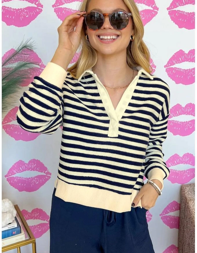 Blue Stripe Collared V Neck Long Sleeve Casual Top