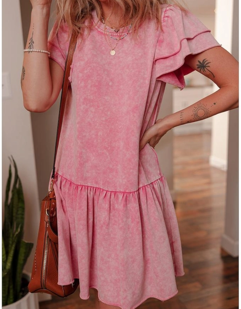 Sachet Pink Mineral Wash Raw Edge Ruffle Mini Dress