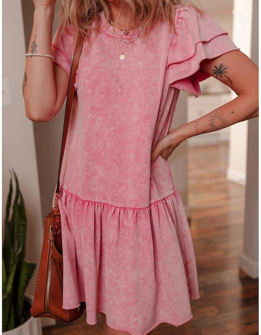 Sachet Pink Mineral Wash Raw Edge Ruffle Mini Dress
