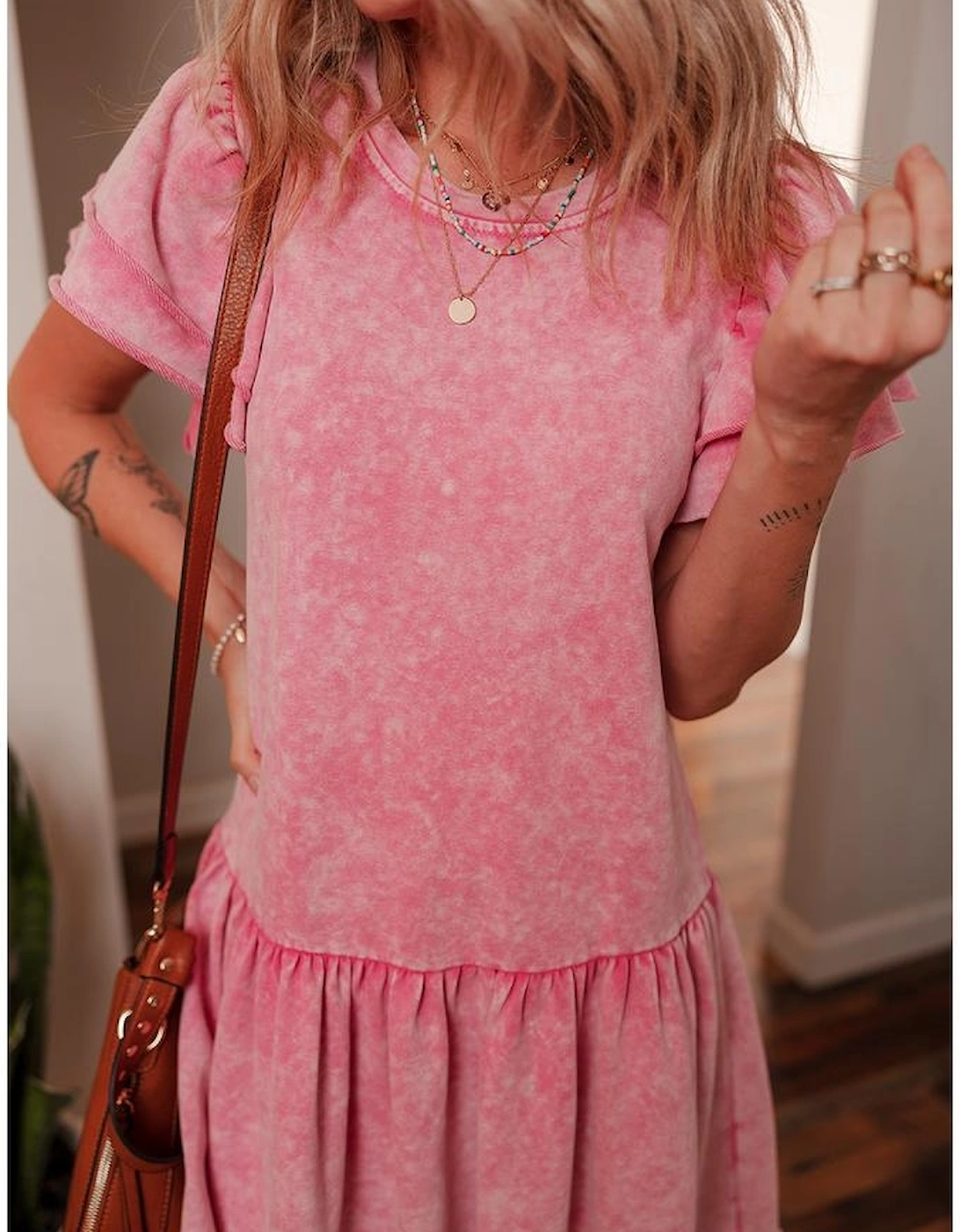 Sachet Pink Mineral Wash Raw Edge Ruffle Mini Dress