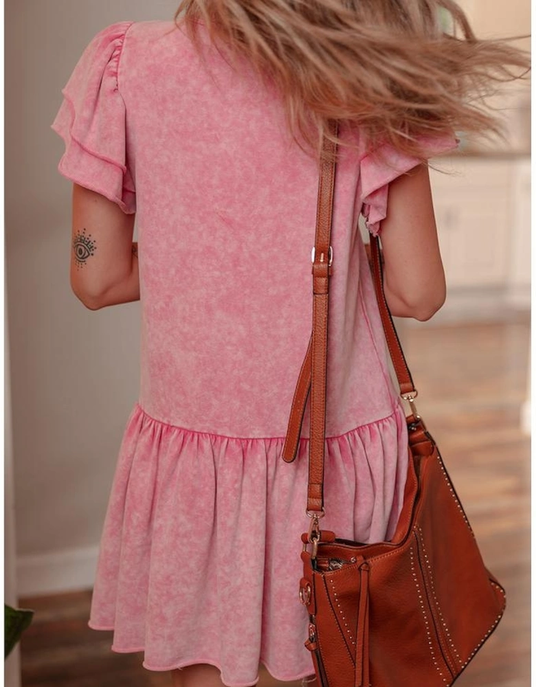 Sachet Pink Mineral Wash Raw Edge Ruffle Mini Dress