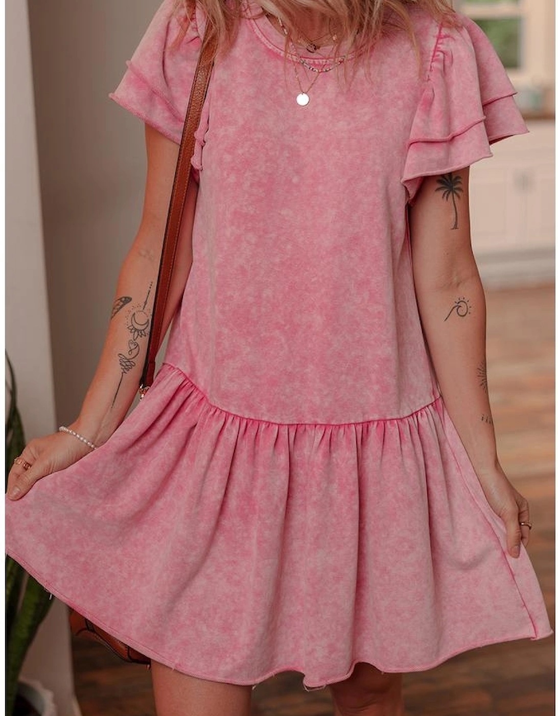 Sachet Pink Mineral Wash Raw Edge Ruffle Mini Dress