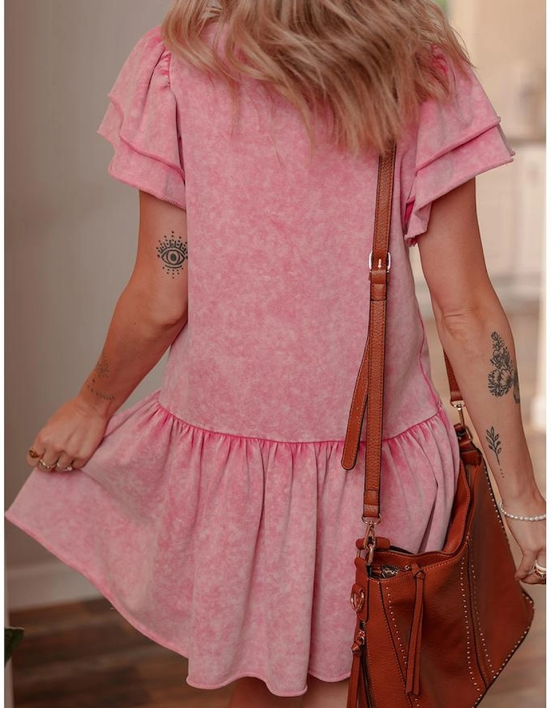 Sachet Pink Mineral Wash Raw Edge Ruffle Mini Dress