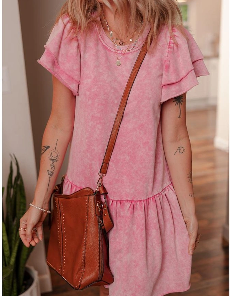 Sachet Pink Mineral Wash Raw Edge Ruffle Mini Dress