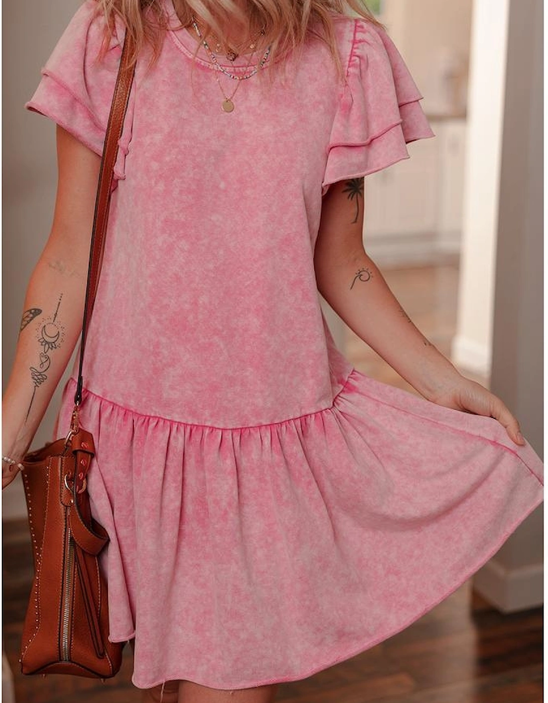 Sachet Pink Mineral Wash Raw Edge Ruffle Mini Dress