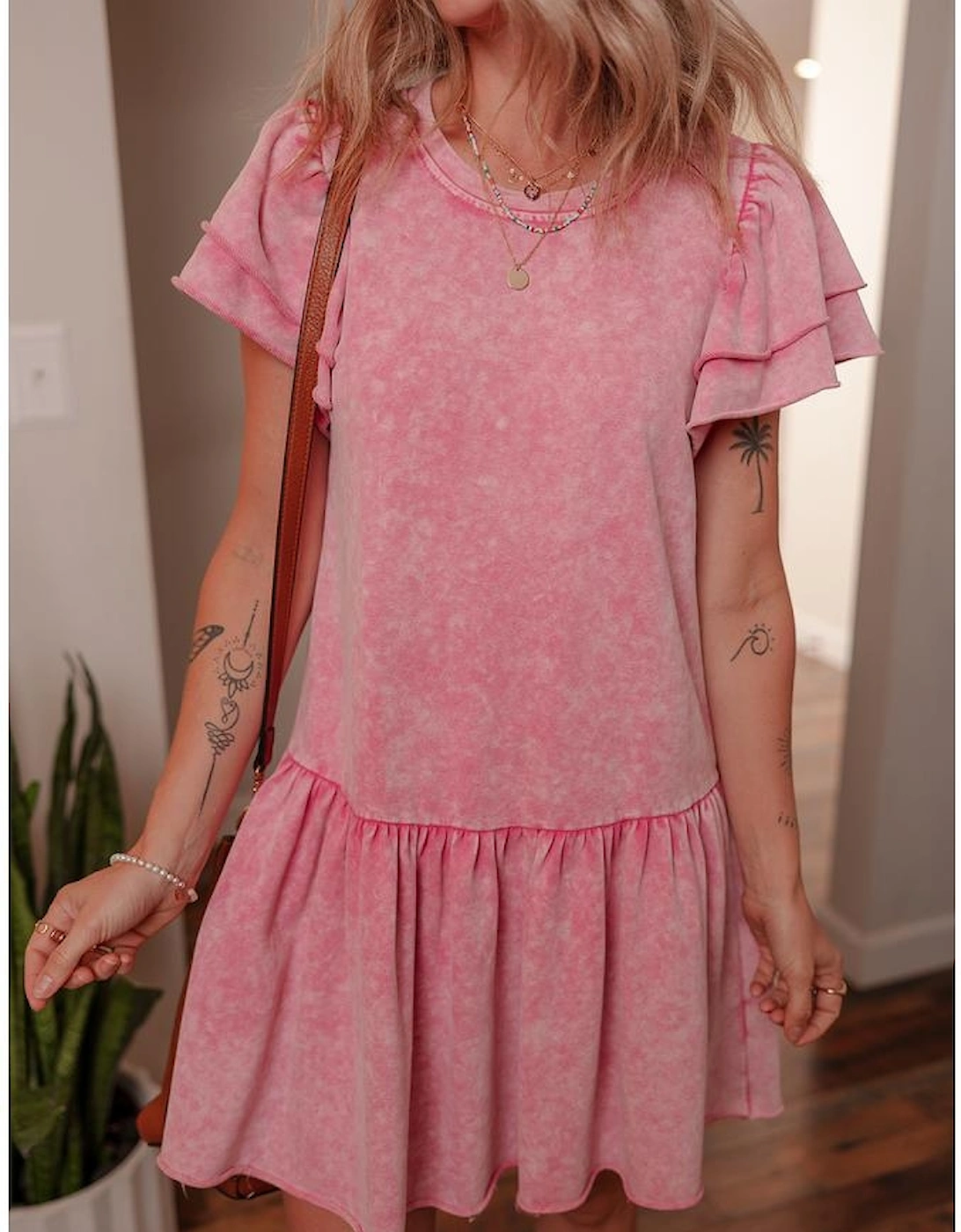 Sachet Pink Mineral Wash Raw Edge Ruffle Mini Dress