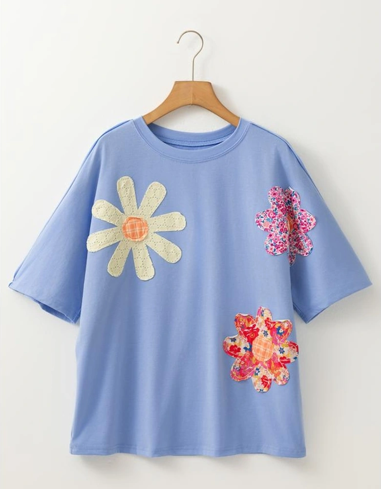 Sky Blue Flower Patched Exposed Stitching Trim Crew Neck Loose Tee