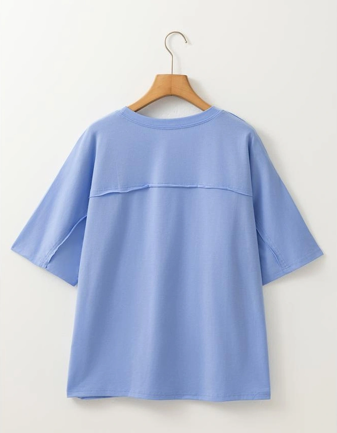 Sky Blue Flower Patched Exposed Stitching Trim Crew Neck Loose Tee