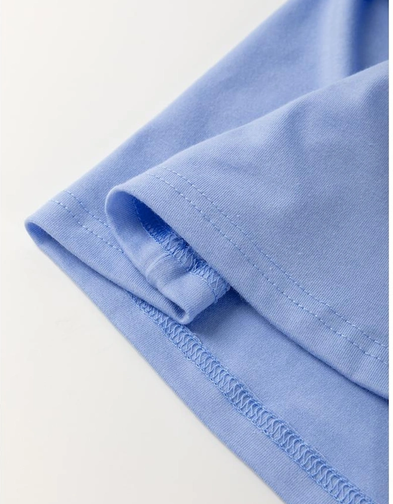 Sky Blue Flower Patched Exposed Stitching Trim Crew Neck Loose Tee