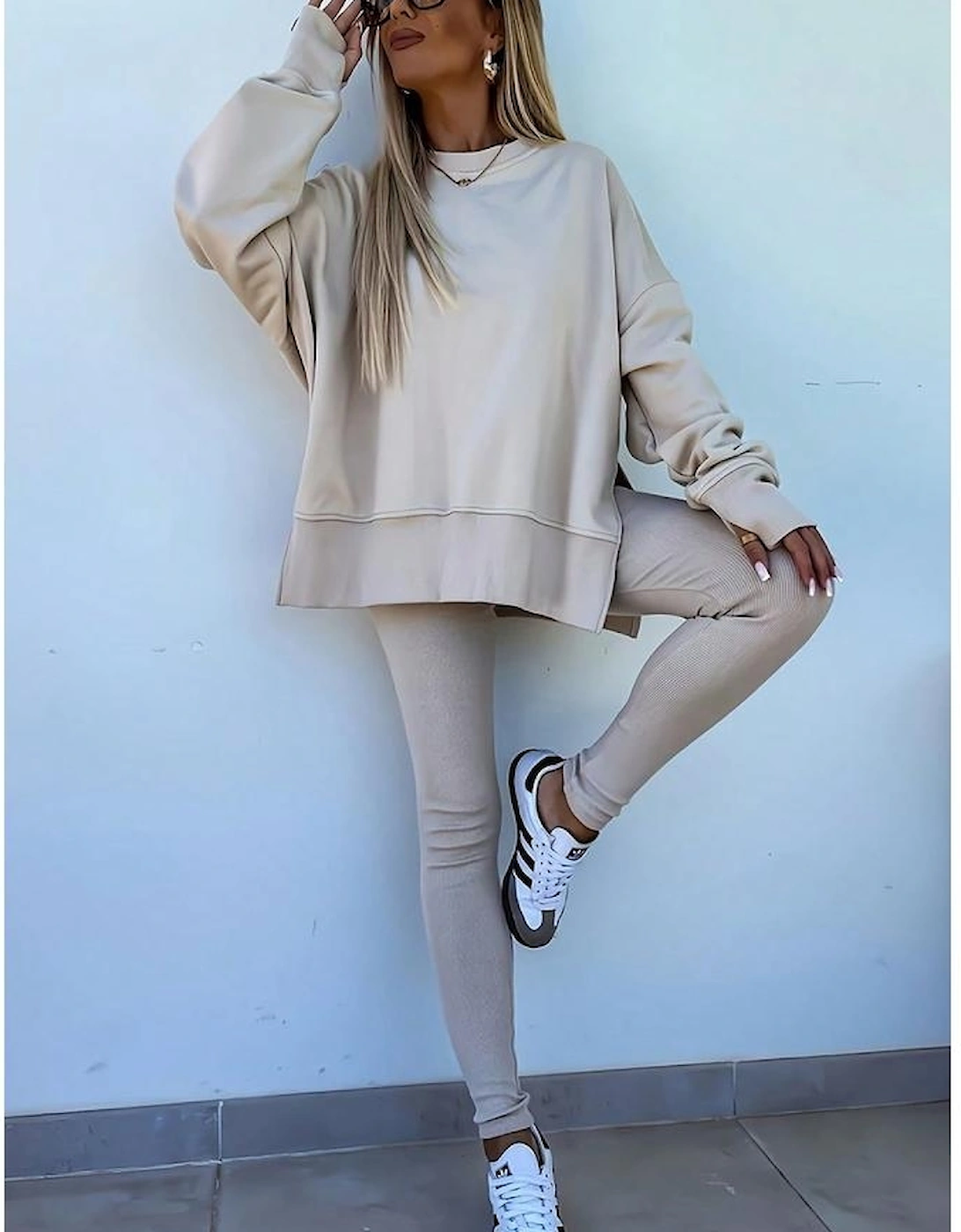 Jet Stream Solid Color Oversize Slit Sweatshirt Ribbed Leggings 2pcs Set