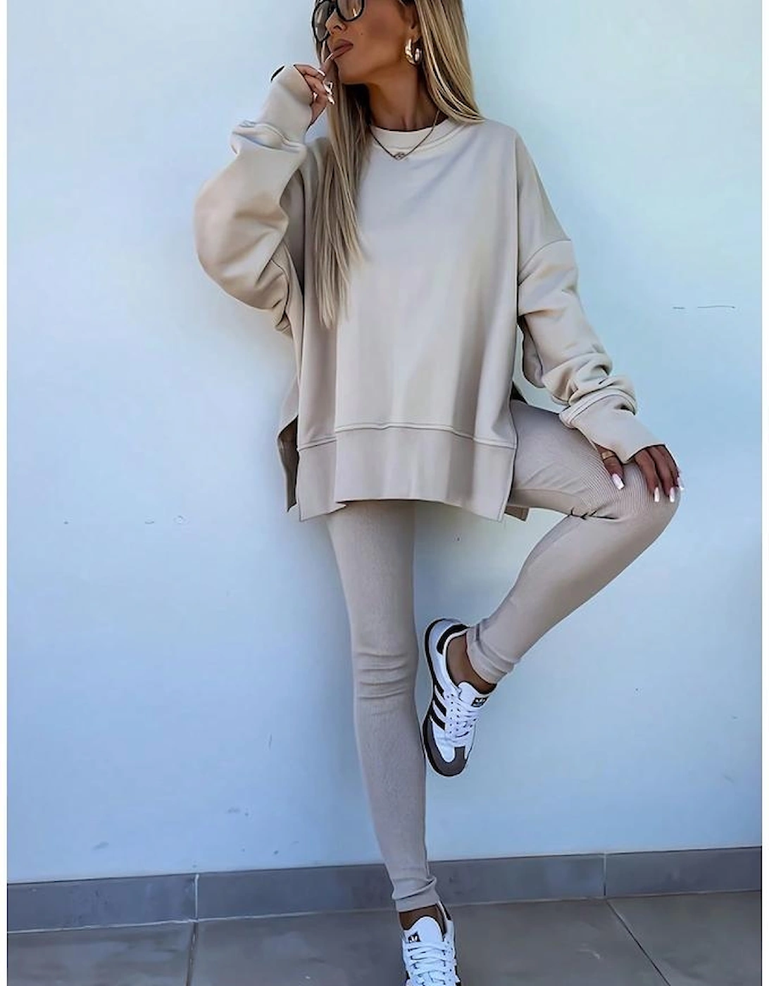 Jet Stream Solid Color Oversize Slit Sweatshirt Ribbed Leggings 2pcs Set