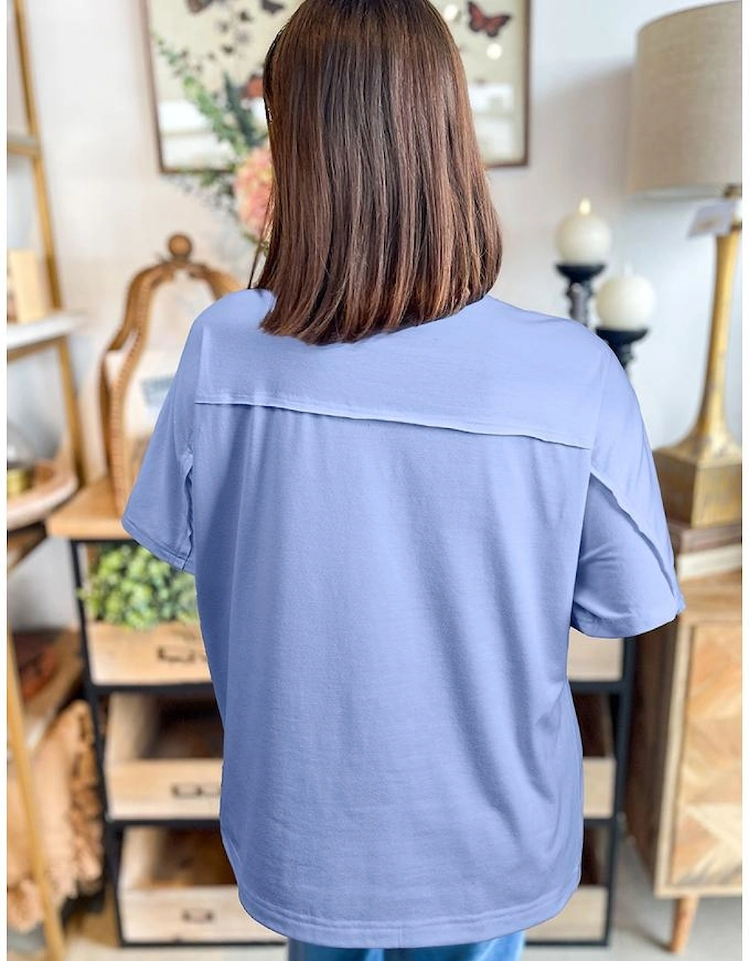 Sky Blue Flower Patched Exposed Stitching Trim Crew Neck Loose Tee, 10 of 9