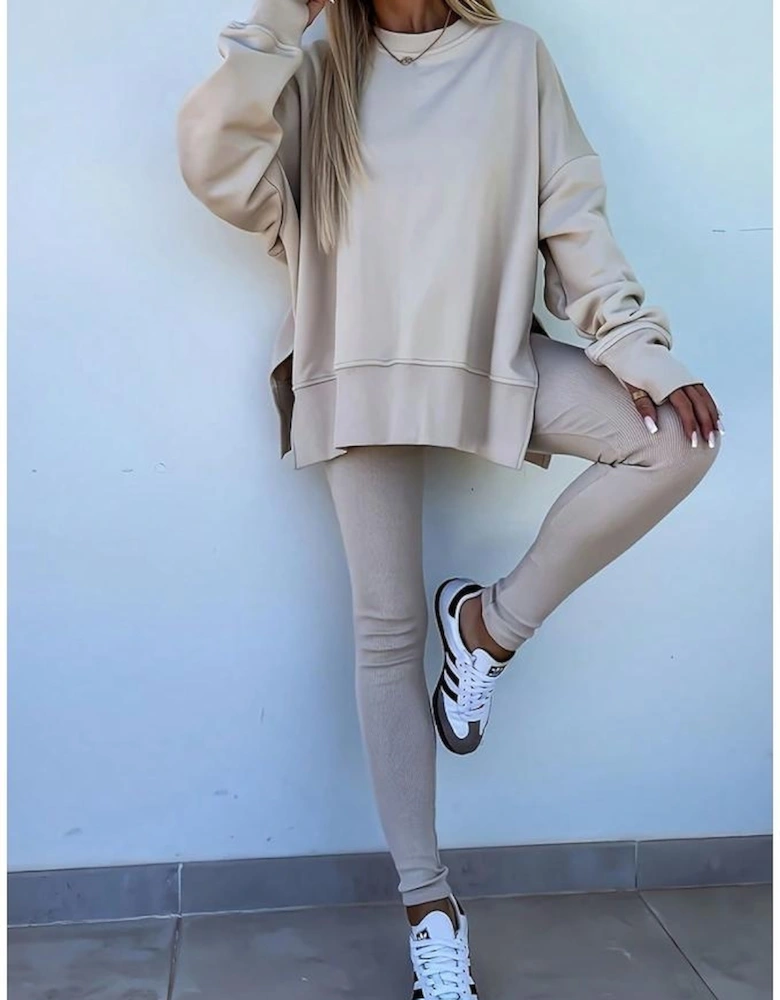 Jet Stream Solid Color Oversize Slit Sweatshirt Ribbed Leggings 2pcs Set