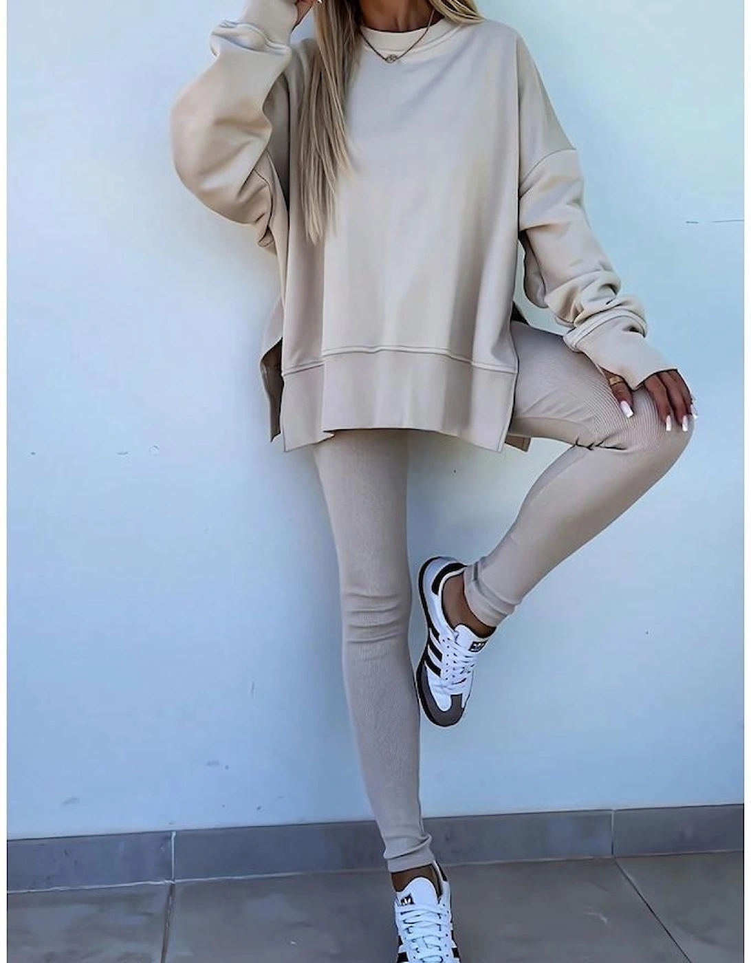 Jet Stream Solid Color Oversize Slit Sweatshirt Ribbed Leggings 2pcs Set
