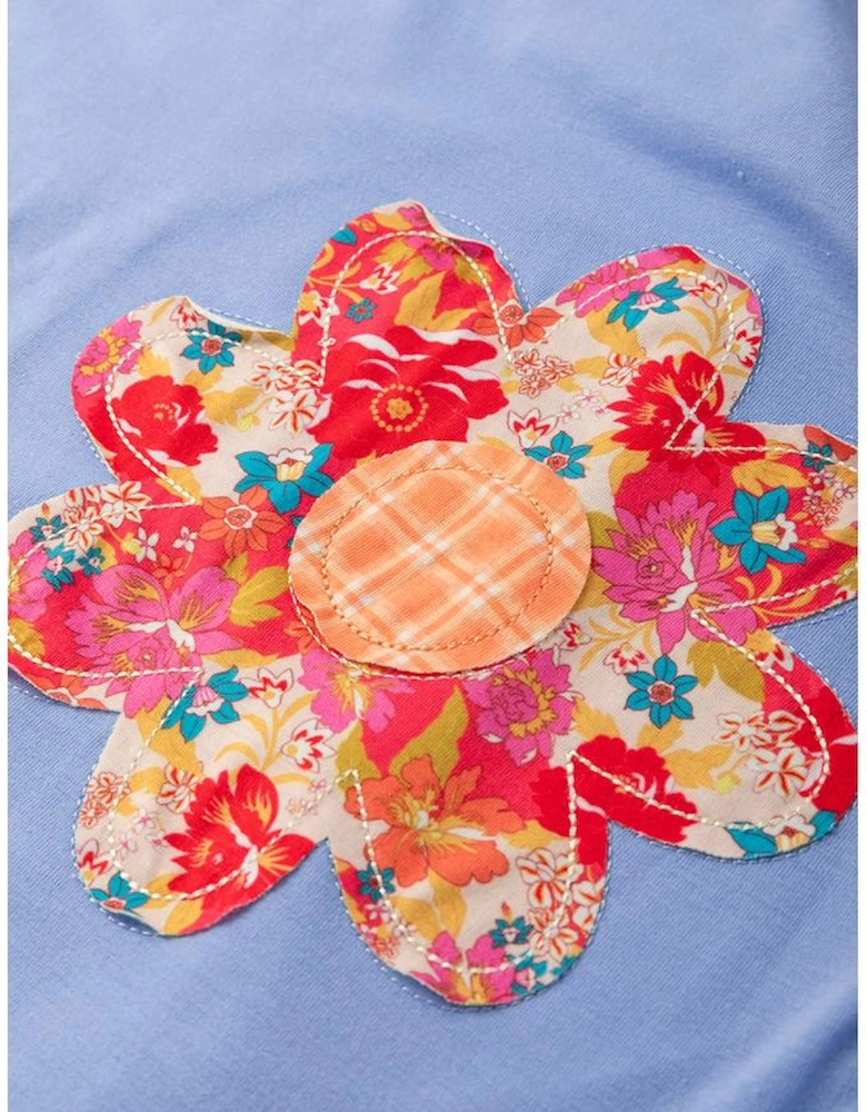 Sky Blue Flower Patched Exposed Stitching Trim Crew Neck Loose Tee