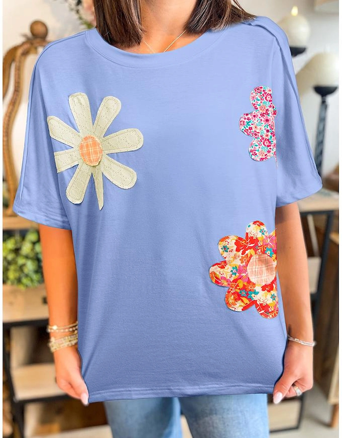 Sky Blue Flower Patched Exposed Stitching Trim Crew Neck Loose Tee