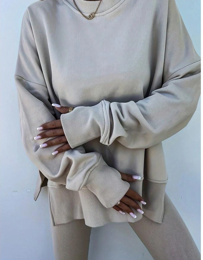 Jet Stream Solid Color Oversize Slit Sweatshirt Ribbed Leggings 2pcs Set