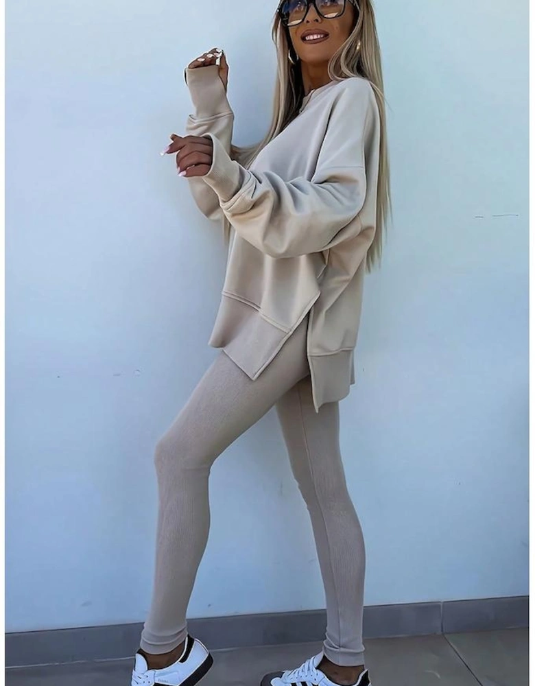Jet Stream Solid Color Oversize Slit Sweatshirt Ribbed Leggings 2pcs Set