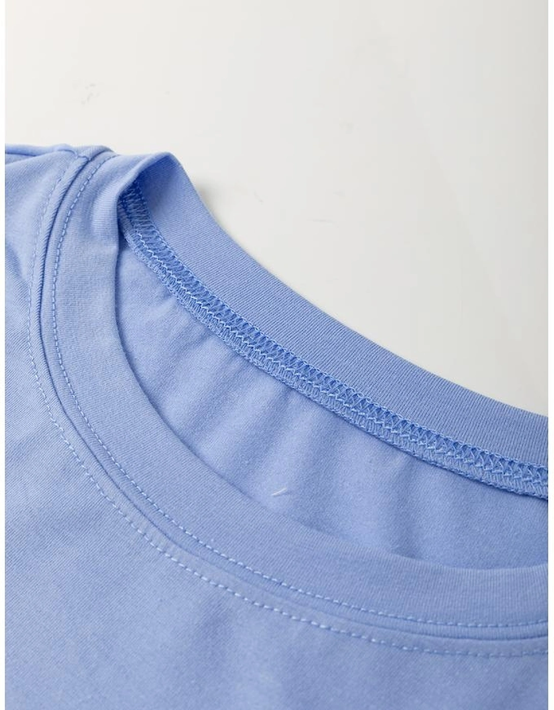 Sky Blue Flower Patched Exposed Stitching Trim Crew Neck Loose Tee