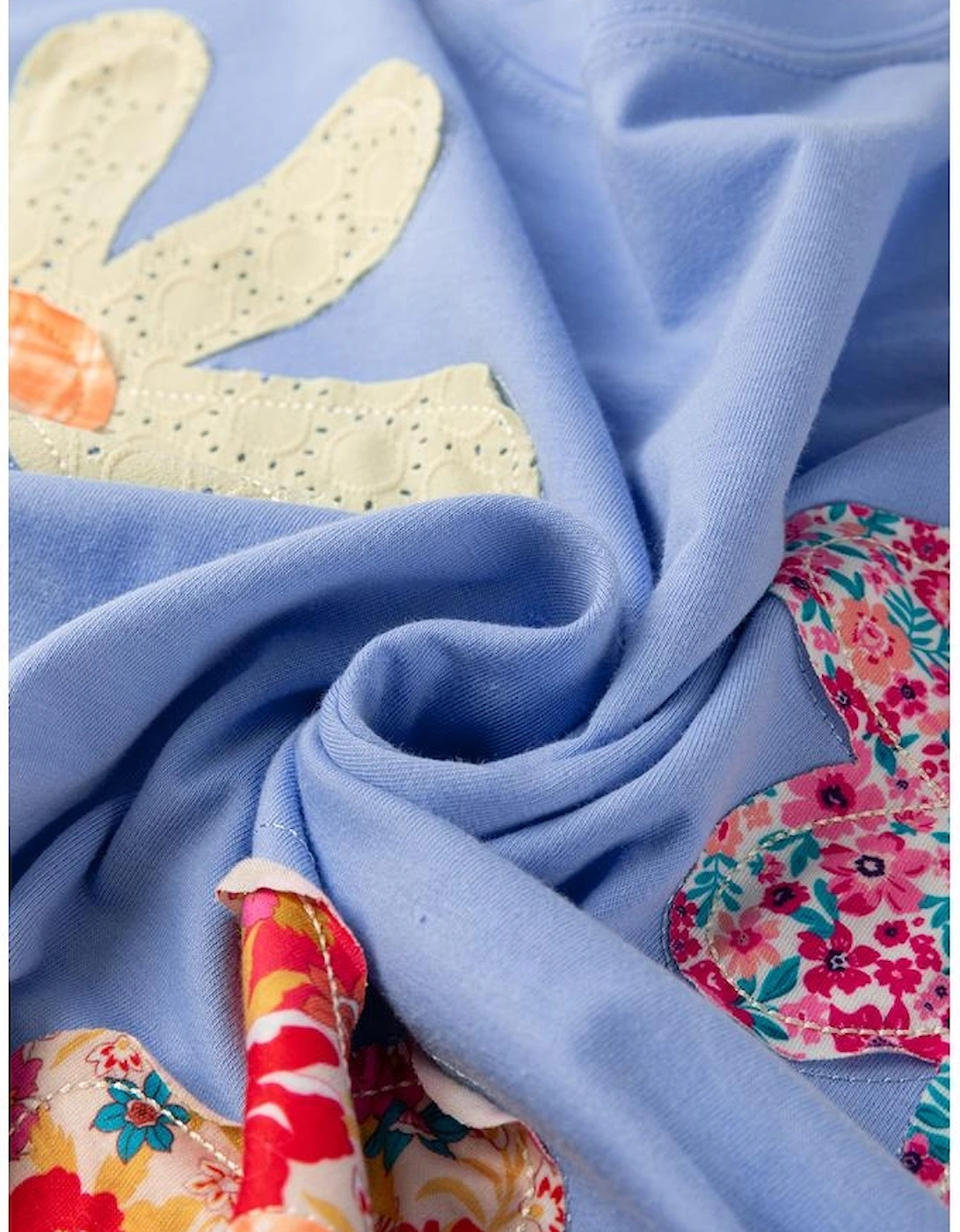 Sky Blue Flower Patched Exposed Stitching Trim Crew Neck Loose Tee