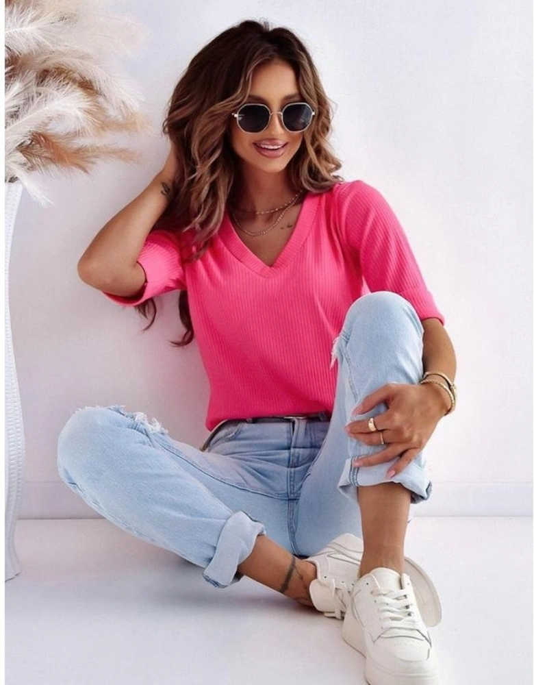 Azura Exchange V Neck Short Sleeve Ribbed T Shirt