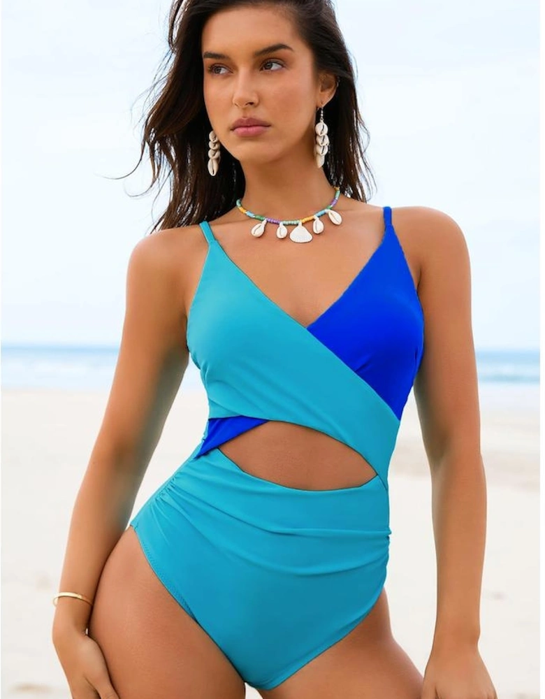 Light Blue Crossover Colorblock Cutout One Piece Swimsuit