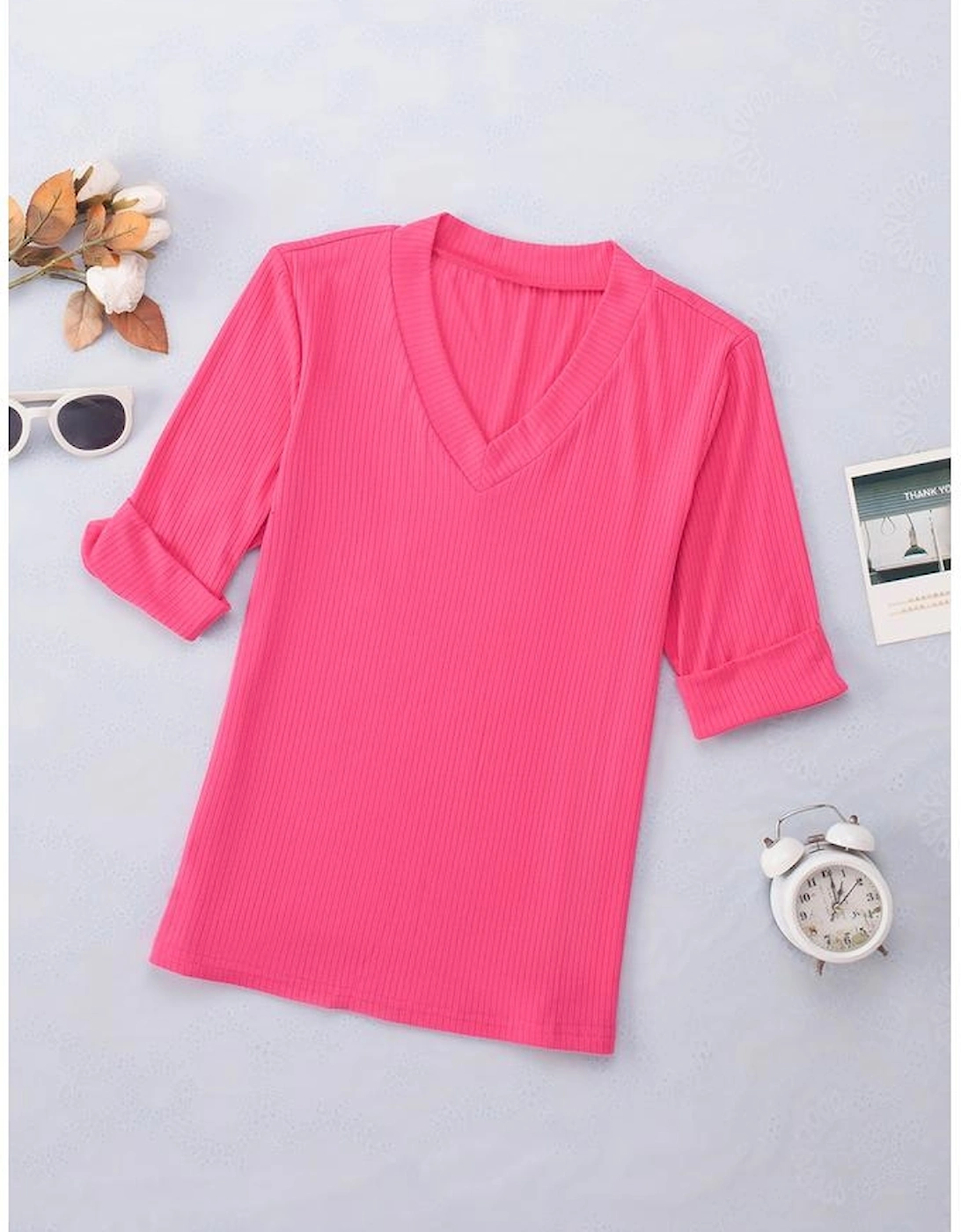Azura Exchange V Neck Short Sleeve Ribbed T Shirt