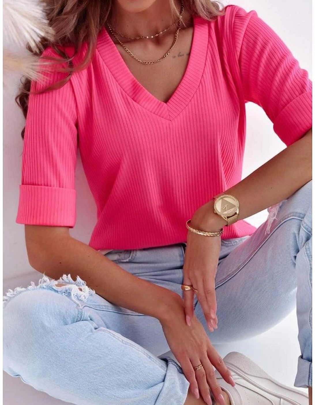 Azura Exchange V Neck Short Sleeve Ribbed T Shirt