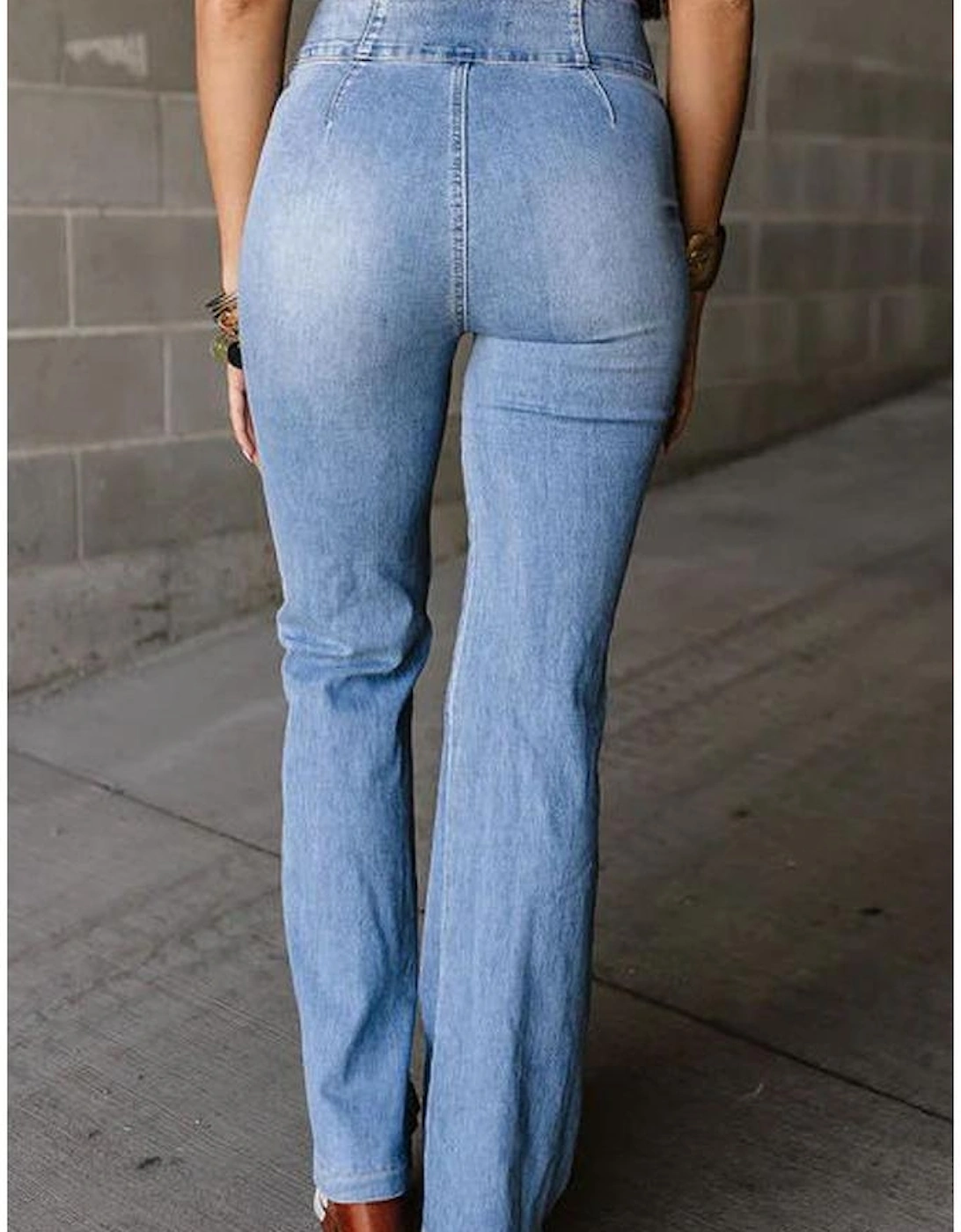 Light Blue Fly Button Exposed Seam Patched Pocket Flare Jeans, 8 of 7