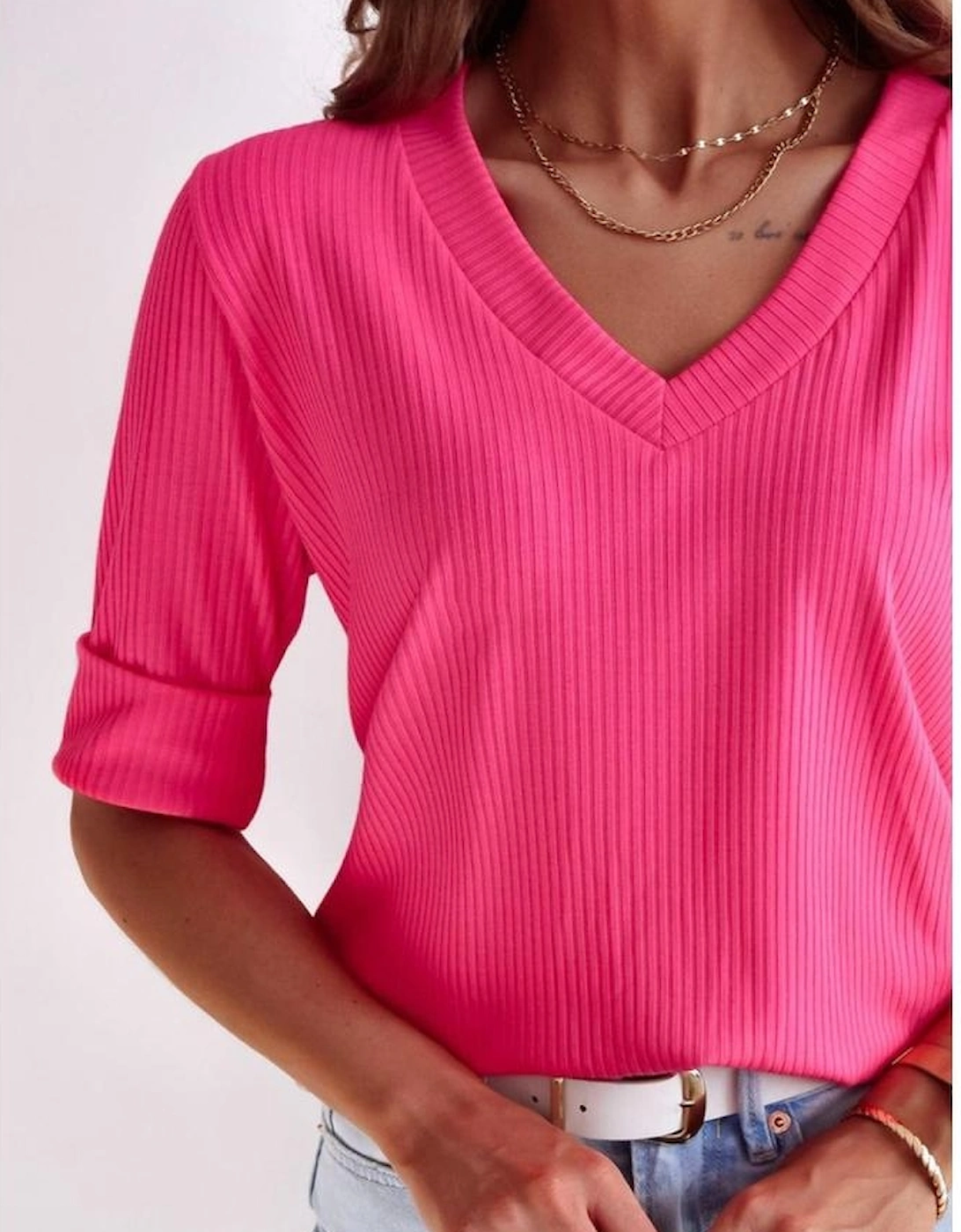 Azura Exchange V Neck Short Sleeve Ribbed T Shirt