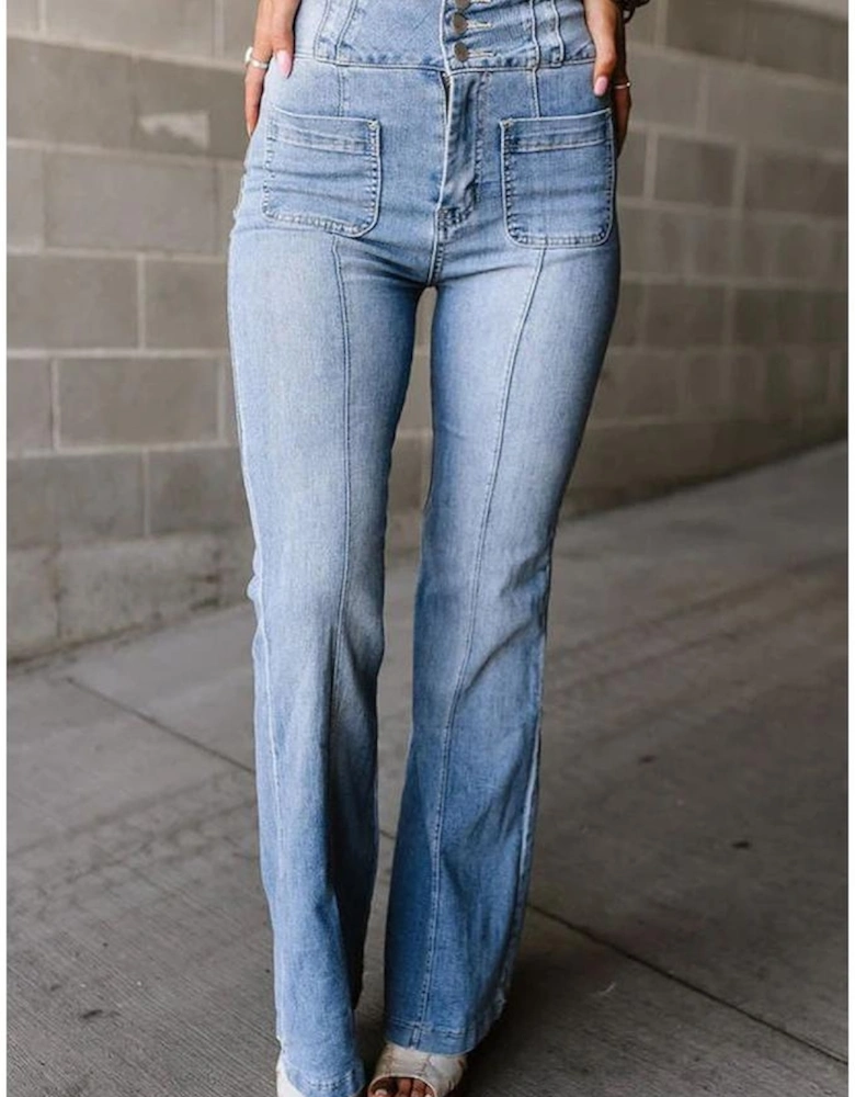 Light Blue Fly Button Exposed Seam Patched Pocket Flare Jeans