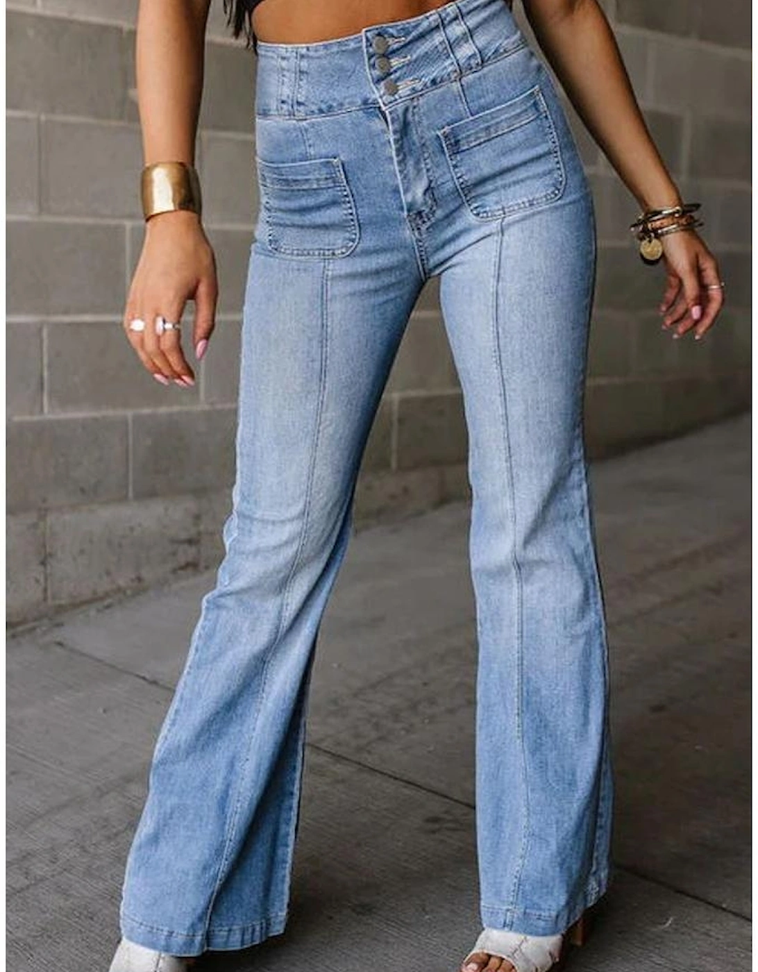 Light Blue Fly Button Exposed Seam Patched Pocket Flare Jeans