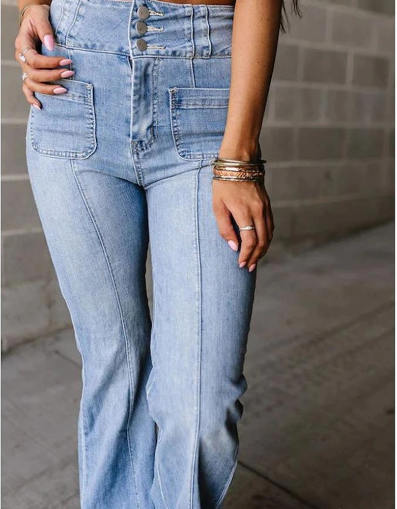 Light Blue Fly Button Exposed Seam Patched Pocket Flare Jeans