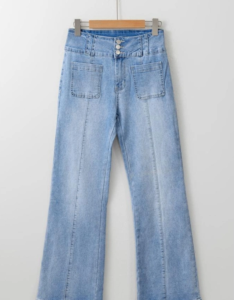Light Blue Fly Button Exposed Seam Patched Pocket Flare Jeans