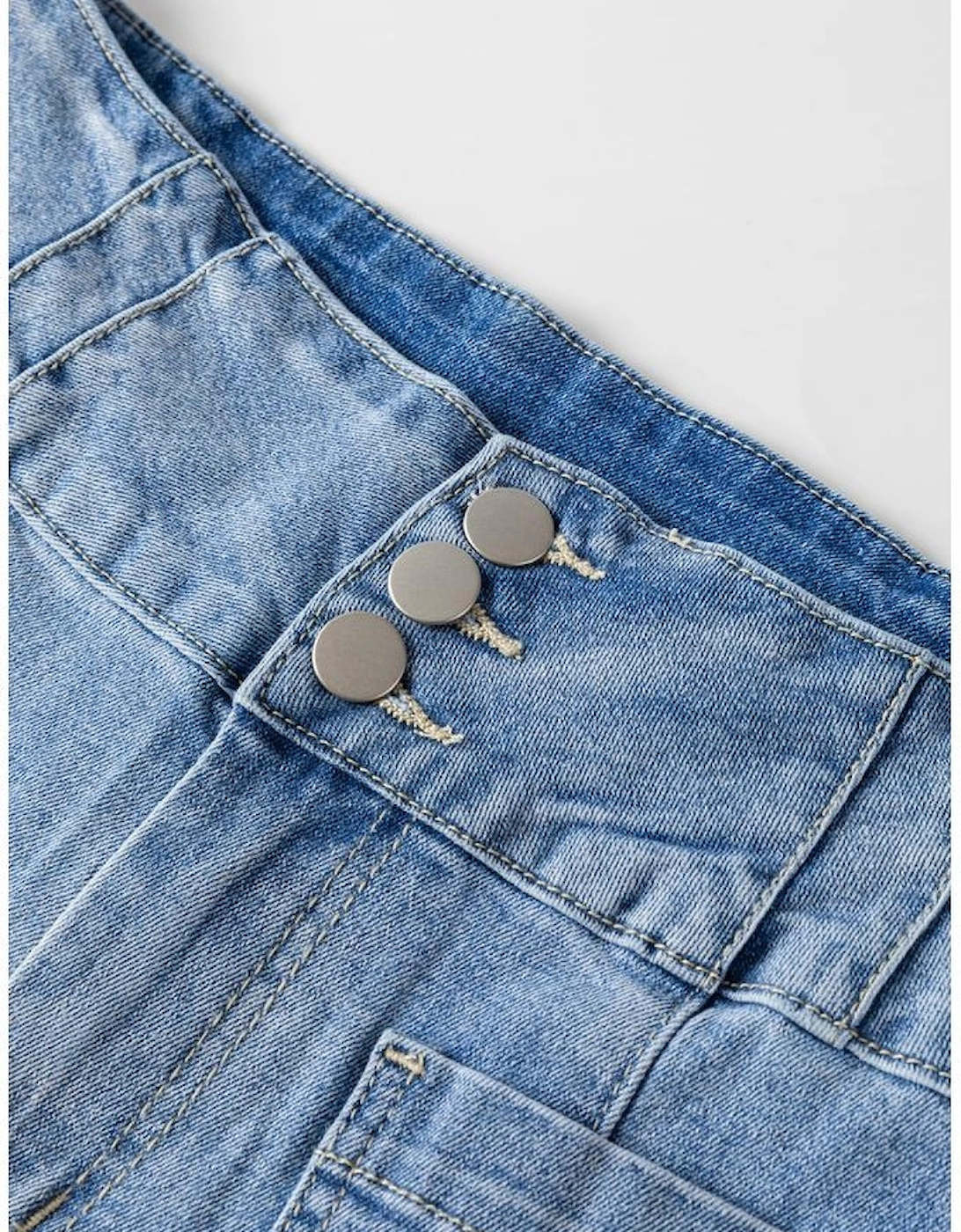 Light Blue Fly Button Exposed Seam Patched Pocket Flare Jeans