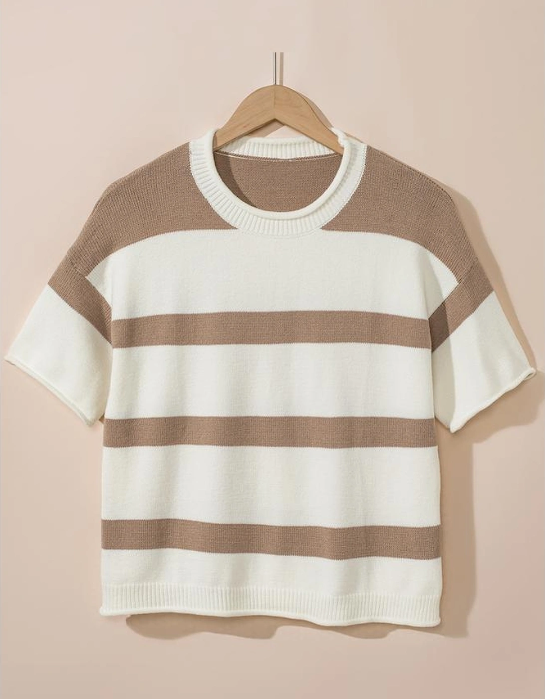 Khaki Stripe Dropped Short Sleeve Lightweight Knitted Top, 9 of 8