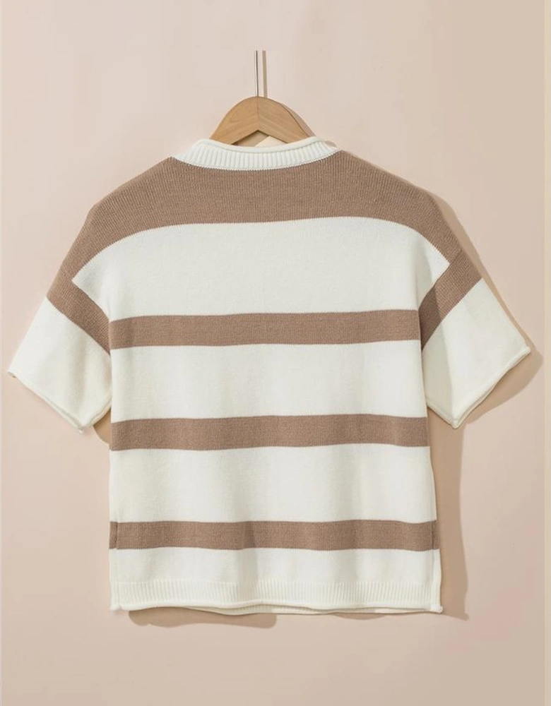 Khaki Stripe Dropped Short Sleeve Lightweight Knitted Top